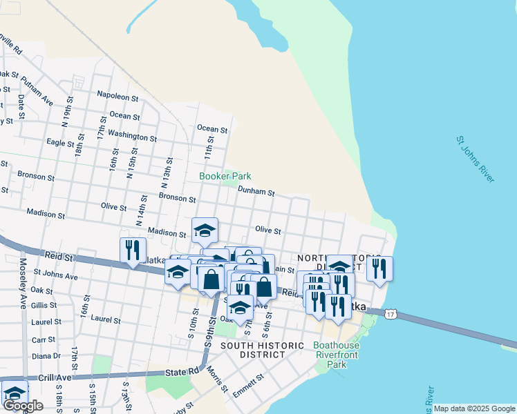 map of restaurants, bars, coffee shops, grocery stores, and more near 513 North 7th Street in Palatka