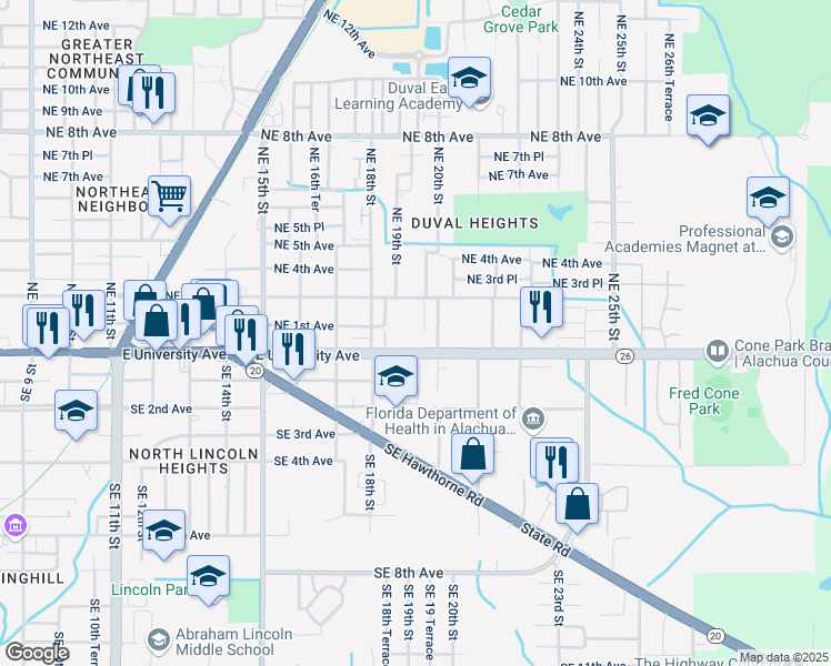map of restaurants, bars, coffee shops, grocery stores, and more near 1830 East University Avenue in Gainesville