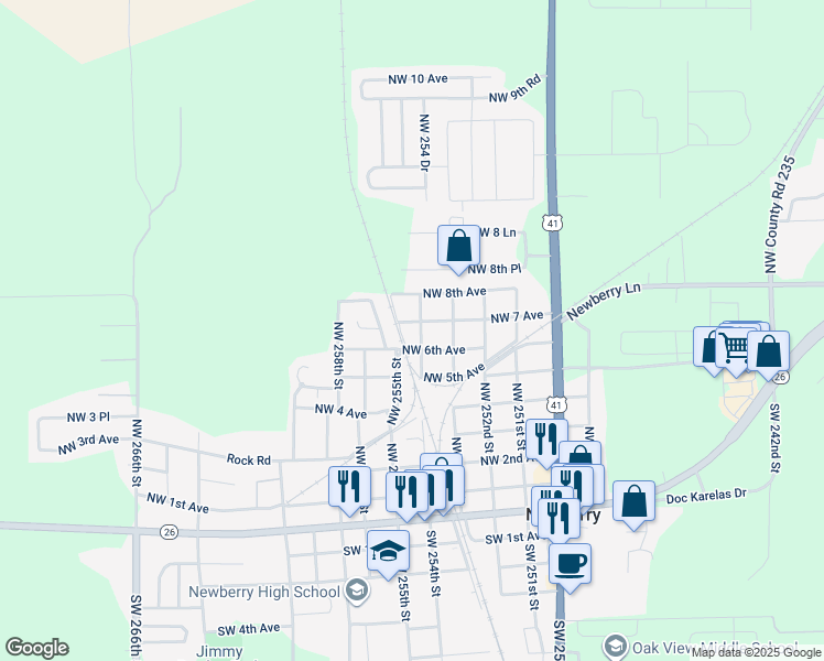 map of restaurants, bars, coffee shops, grocery stores, and more near 610 Northwest 254 Street in Newberry