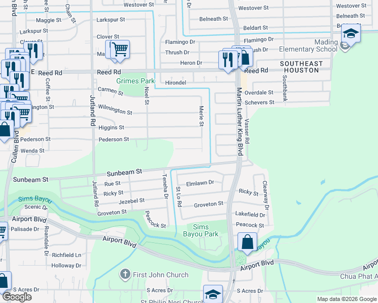 map of restaurants, bars, coffee shops, grocery stores, and more near 5338 Wenda Street in Houston