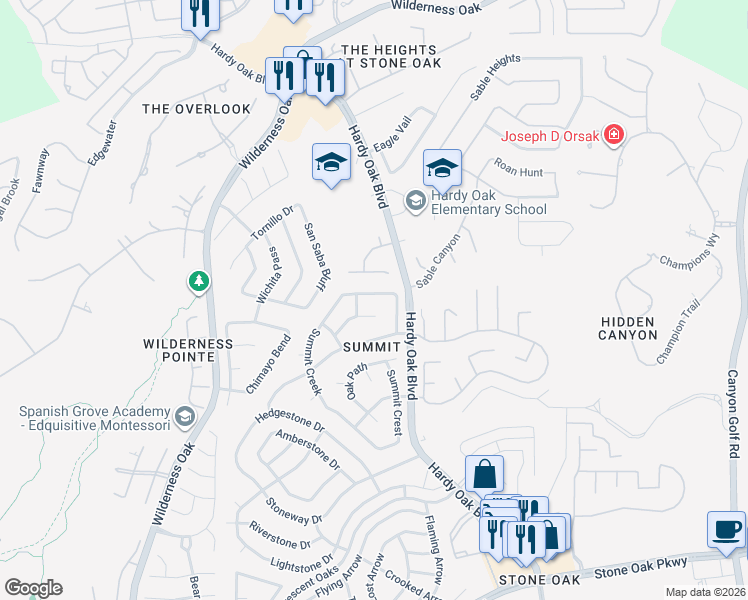 map of restaurants, bars, coffee shops, grocery stores, and more near 28019 Rocky Hollow in San Antonio
