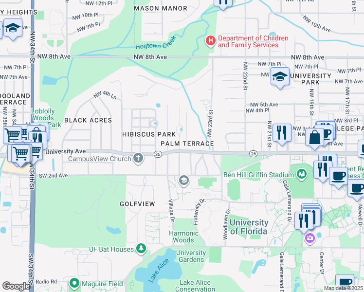 map of restaurants, bars, coffee shops, grocery stores, and more near 3 Southwest 24 Street in Gainesville