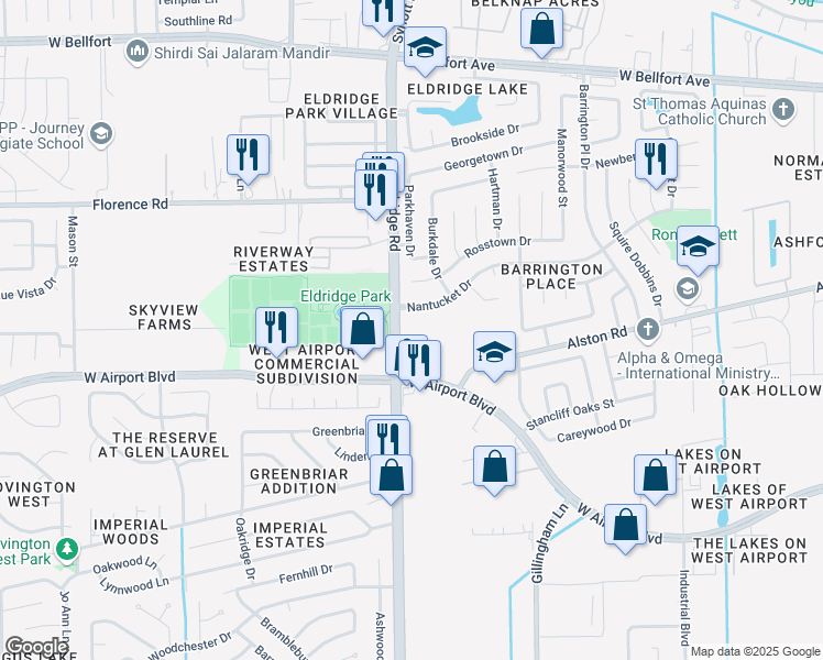 map of restaurants, bars, coffee shops, grocery stores, and more near 2158 Eldridge Road in Sugar Land