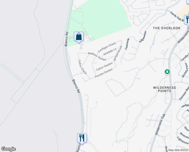 map of restaurants, bars, coffee shops, grocery stores, and more near 22703 Cardigan Chase in San Antonio