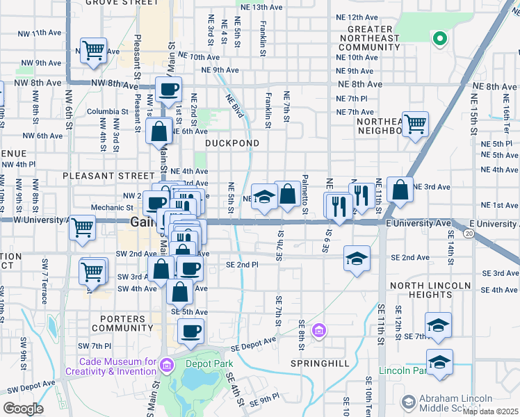 map of restaurants, bars, coffee shops, grocery stores, and more near 620 East University Avenue in Gainesville
