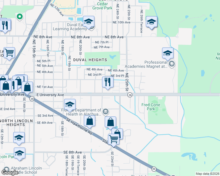 map of restaurants, bars, coffee shops, grocery stores, and more near 2320 East University Avenue in Gainesville