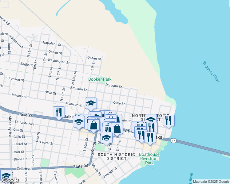 map of restaurants, bars, coffee shops, grocery stores, and more near 716 Bronson Street in Palatka