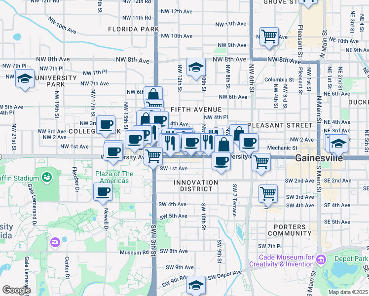 map of restaurants, bars, coffee shops, grocery stores, and more near 1115 Florida 24 in Gainesville