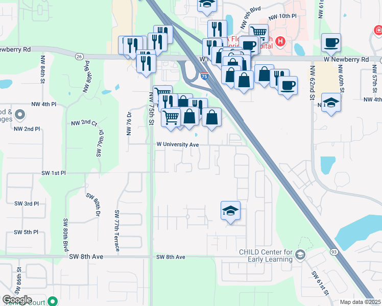 map of restaurants, bars, coffee shops, grocery stores, and more near 7301 West University Avenue in Gainesville