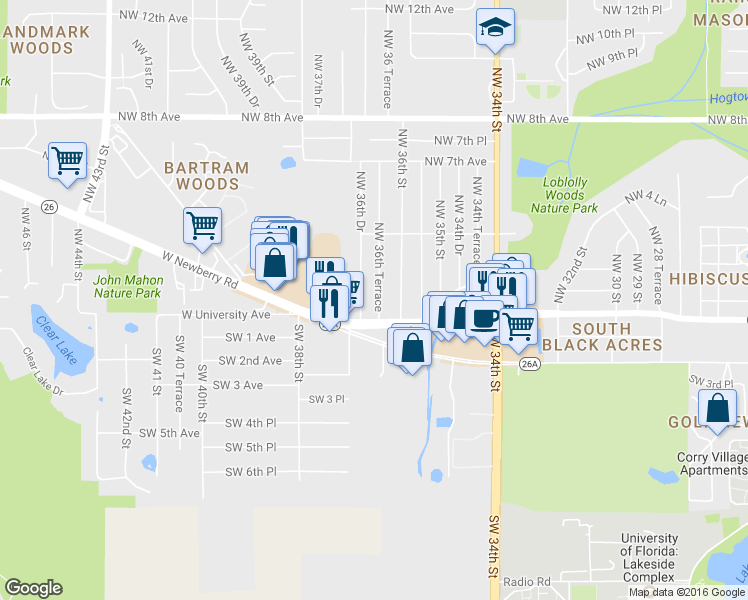 map of restaurants, bars, coffee shops, grocery stores, and more near 3620 Florida 26 in Gainesville