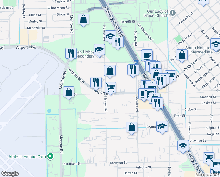 map of restaurants, bars, coffee shops, grocery stores, and more near 9001 Airport Boulevard in Houston