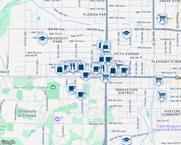 map of restaurants, bars, coffee shops, grocery stores, and more near 111 Northwest 16th Street in Gainesville