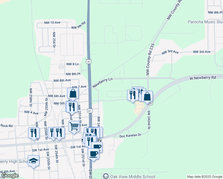map of restaurants, bars, coffee shops, grocery stores, and more near 24703 West Newberry Road in Newberry