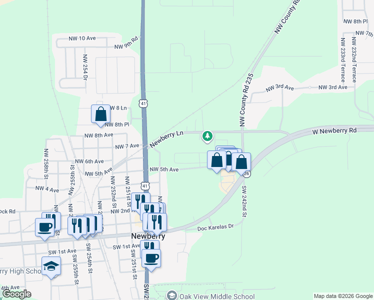 map of restaurants, bars, coffee shops, grocery stores, and more near 24703 West Newberry Road in Newberry