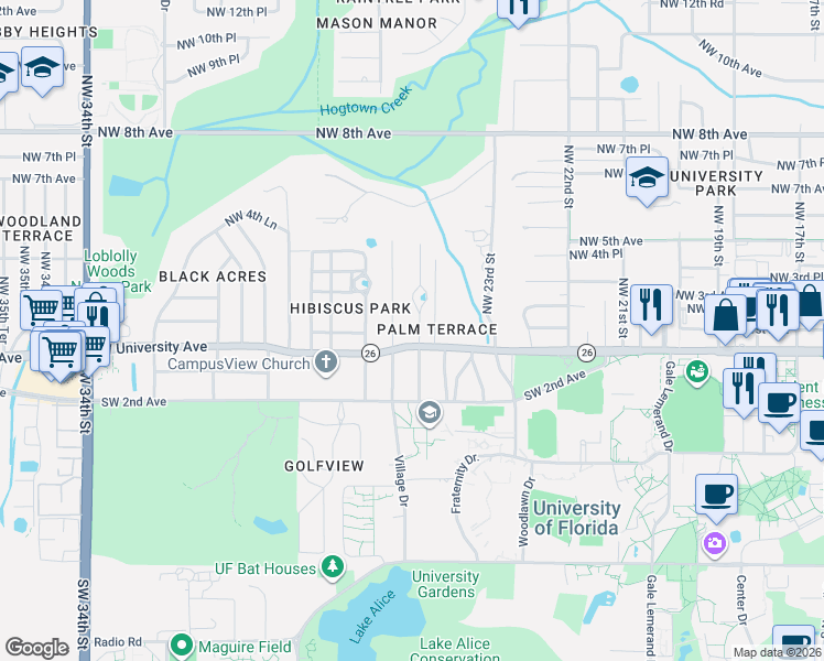 map of restaurants, bars, coffee shops, grocery stores, and more near in Gainesville