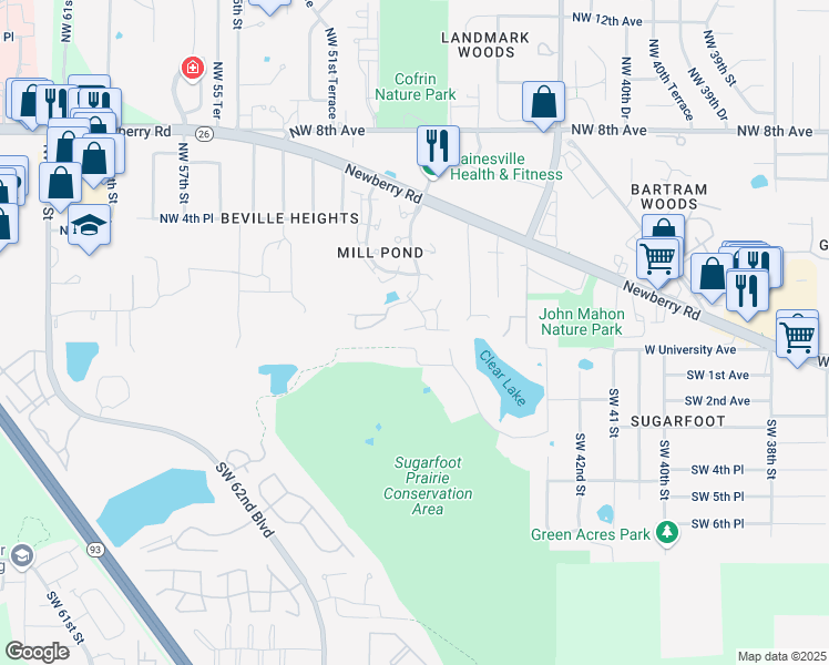 map of restaurants, bars, coffee shops, grocery stores, and more near 23 Northwest 48th Boulevard in Gainesville