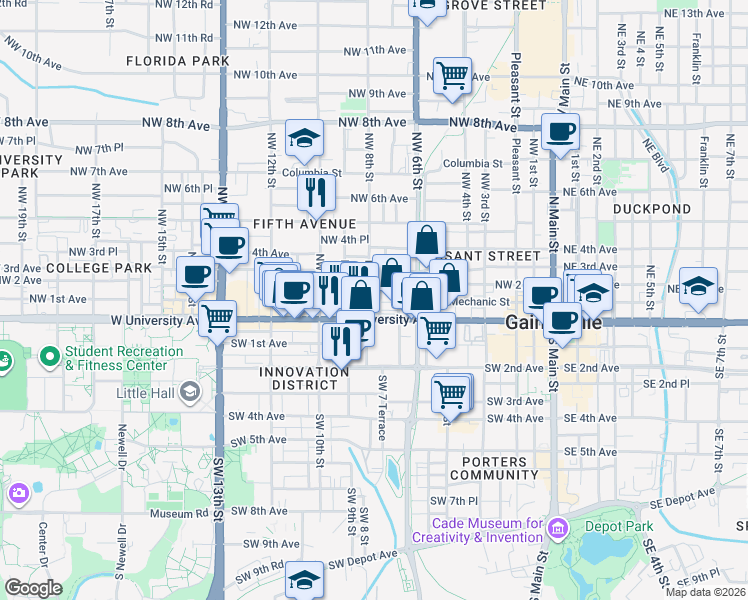 map of restaurants, bars, coffee shops, grocery stores, and more near 710 Northwest 2 Avenue in Gainesville