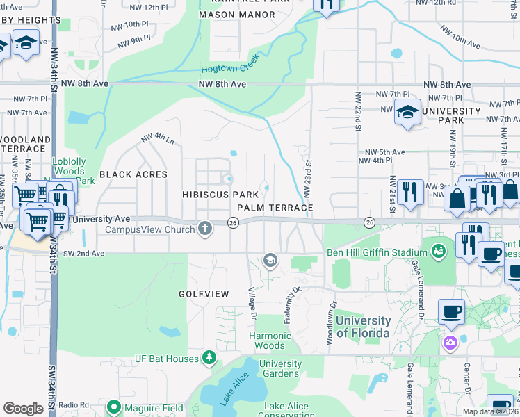 map of restaurants, bars, coffee shops, grocery stores, and more near in Gainesville