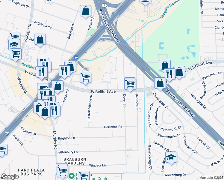 map of restaurants, bars, coffee shops, grocery stores, and more near 11545 Keegans Ridge Road in Houston
