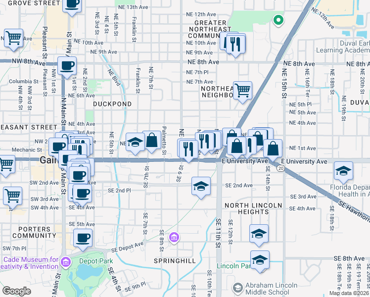 map of restaurants, bars, coffee shops, grocery stores, and more near 107 Northeast 9th Street in Gainesville