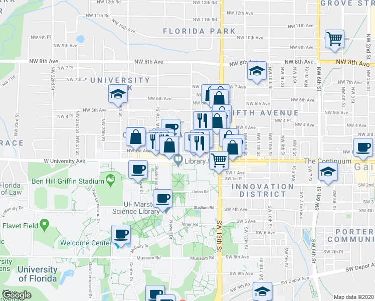 map of restaurants, bars, coffee shops, grocery stores, and more near 111 Northwest 16th Street in Gainesville