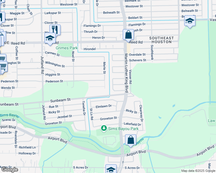 map of restaurants, bars, coffee shops, grocery stores, and more near 8910 Vinearbor Street in Houston