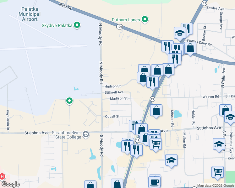 map of restaurants, bars, coffee shops, grocery stores, and more near 300 Stillwell Avenue in Palatka