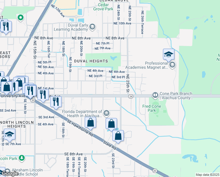 map of restaurants, bars, coffee shops, grocery stores, and more near 2223 Northeast 3rd Avenue in Gainesville