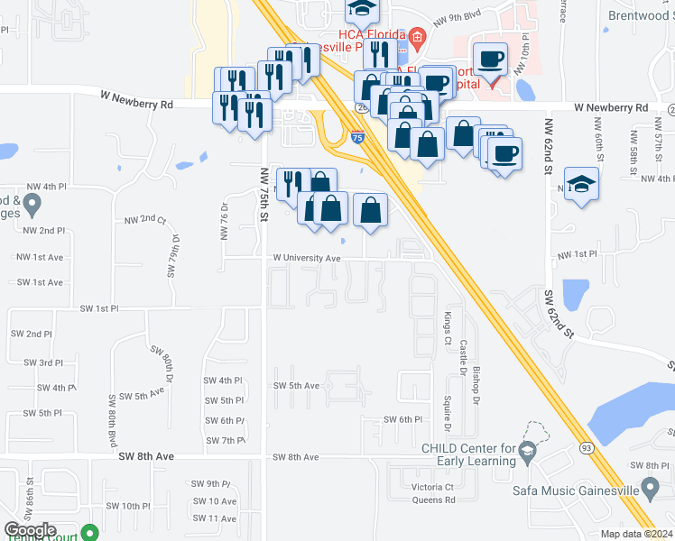 map of restaurants, bars, coffee shops, grocery stores, and more near 25 West University Avenue in Gainesville