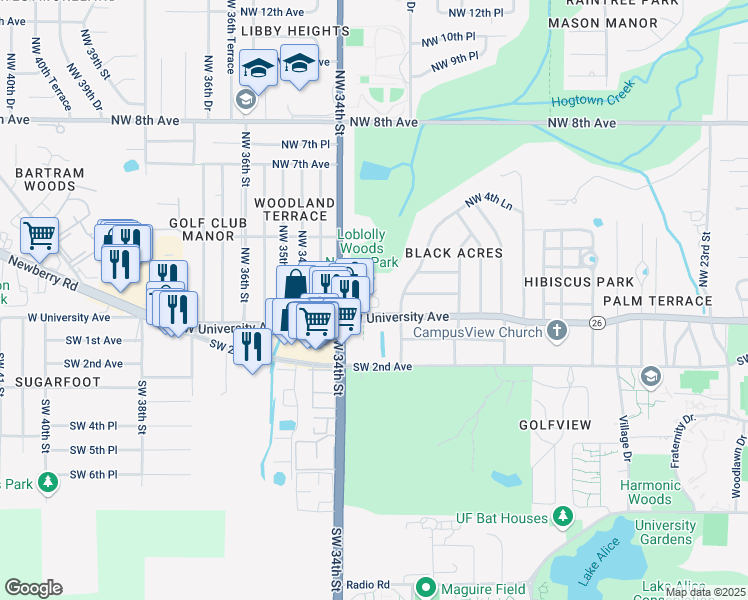 map of restaurants, bars, coffee shops, grocery stores, and more near 112 Northwest 33 Court in Gainesville