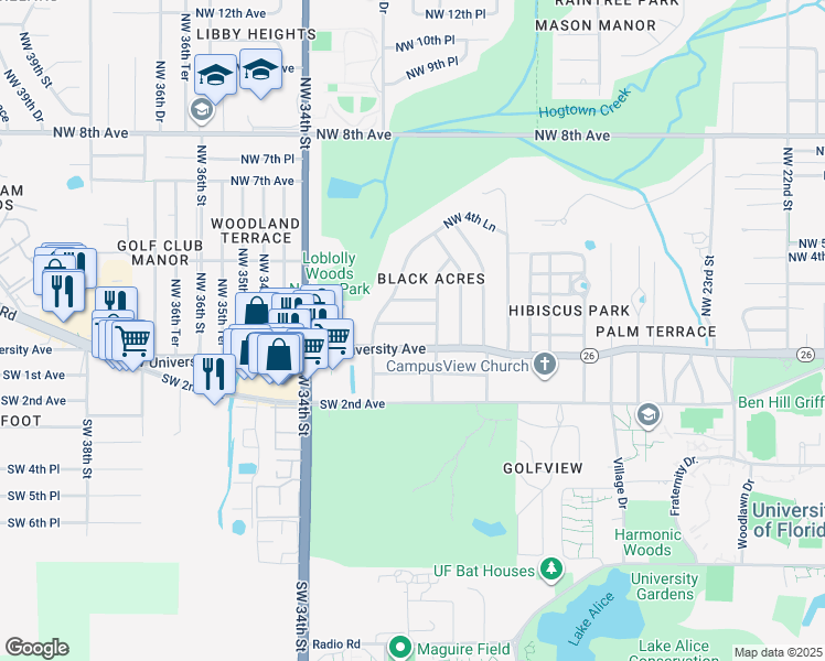 map of restaurants, bars, coffee shops, grocery stores, and more near 3019 Northwest 2 Avenue in Gainesville