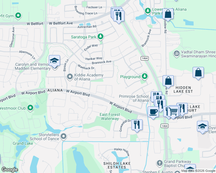 map of restaurants, bars, coffee shops, grocery stores, and more near 17218 Newtonmore Crossing in Richmond