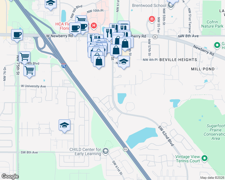 map of restaurants, bars, coffee shops, grocery stores, and more near 6120 Northwest 1st Place in Gainesville