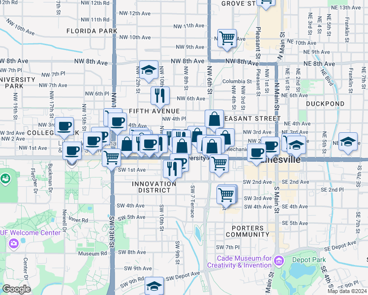 map of restaurants, bars, coffee shops, grocery stores, and more near 20 Northwest 8th Street in Gainesville