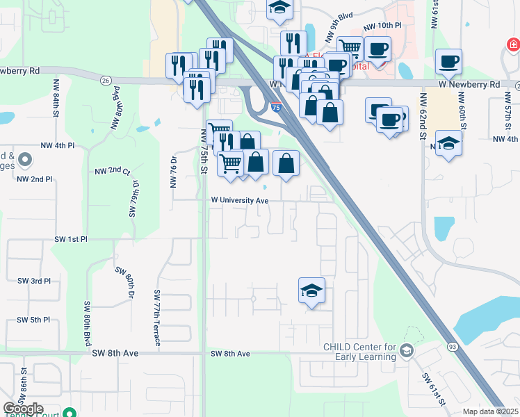 map of restaurants, bars, coffee shops, grocery stores, and more near 25 West University Avenue in Gainesville