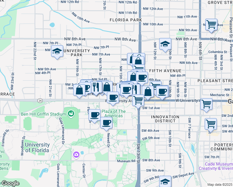 map of restaurants, bars, coffee shops, grocery stores, and more near 111 Northwest 16th Street in Gainesville