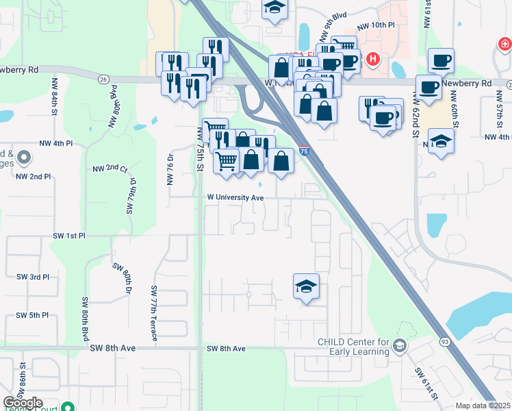 map of restaurants, bars, coffee shops, grocery stores, and more near 25 West University Avenue in Gainesville