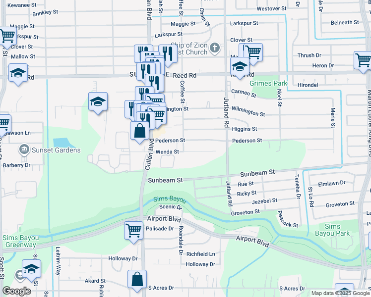 map of restaurants, bars, coffee shops, grocery stores, and more near 4809 Pederson Street in Houston