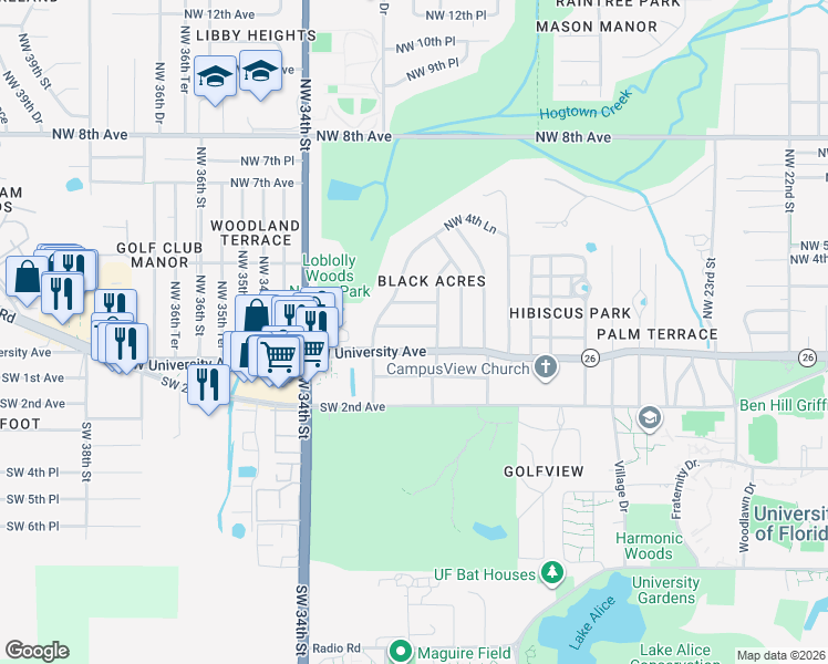 map of restaurants, bars, coffee shops, grocery stores, and more near 3027 Northwest 1st Avenue in Gainesville