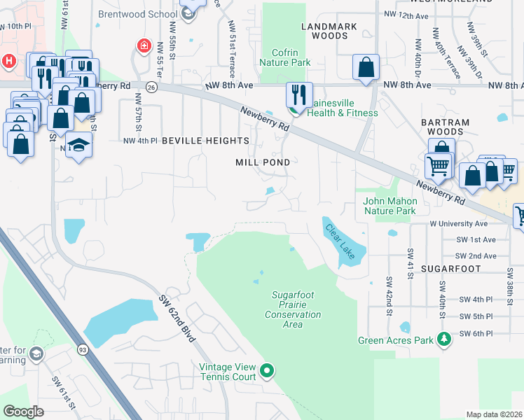 map of restaurants, bars, coffee shops, grocery stores, and more near 5016 Northwest 1st Place in Gainesville