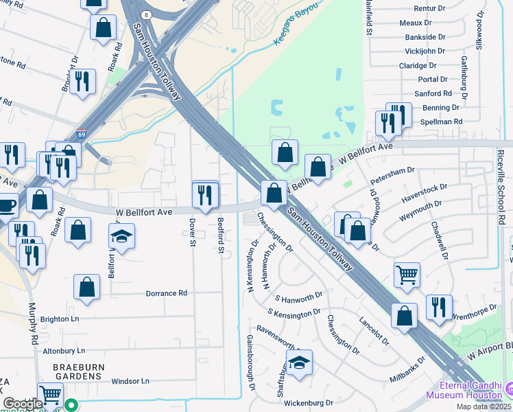 map of restaurants, bars, coffee shops, grocery stores, and more near 11402 Chessington Drive in Houston