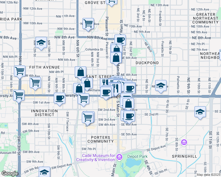 map of restaurants, bars, coffee shops, grocery stores, and more near 102 Northwest 2nd Avenue in Gainesville