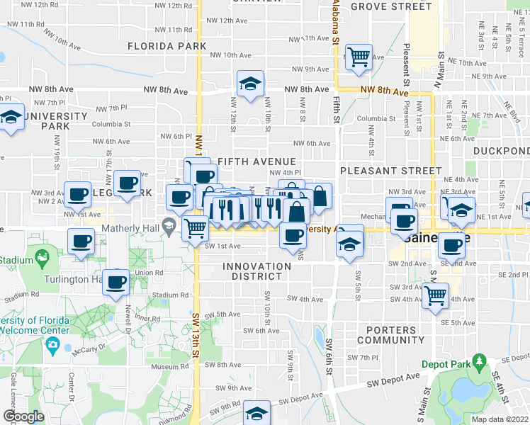 map of restaurants, bars, coffee shops, grocery stores, and more near 114 Northwest 10th Street in Gainesville