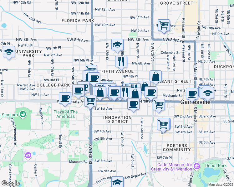 map of restaurants, bars, coffee shops, grocery stores, and more near 201 Northwest 10th Street in Gainesville