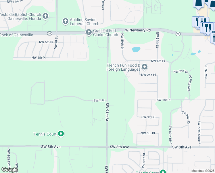 map of restaurants, bars, coffee shops, grocery stores, and more near 52 Southwest 91st Street in Gainesville