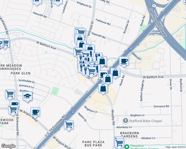 map of restaurants, bars, coffee shops, grocery stores, and more near 11751 South Wilcrest Drive in Houston