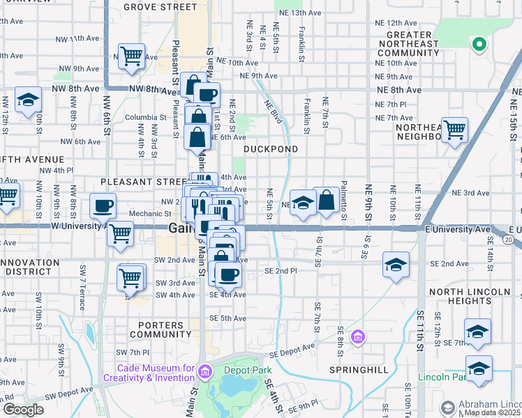 map of restaurants, bars, coffee shops, grocery stores, and more near 404 Northeast 2 Avenue in Gainesville