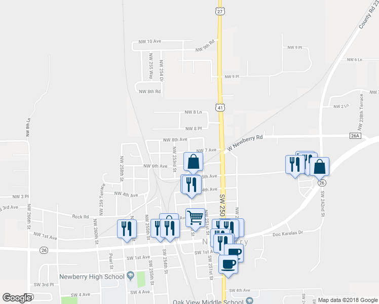 map of restaurants, bars, coffee shops, grocery stores, and more near Northwest 7 Avenue in Newberry