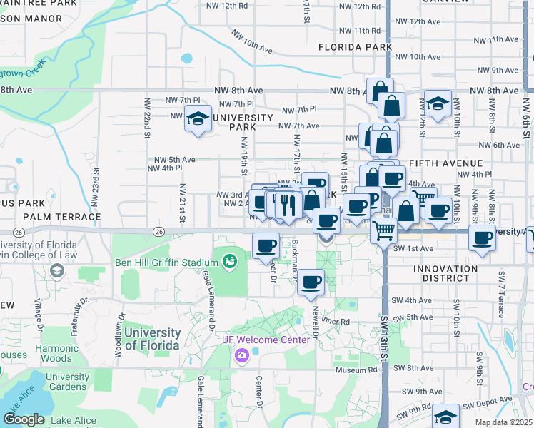 map of restaurants, bars, coffee shops, grocery stores, and more near 104 Northwest 18th Street in Gainesville