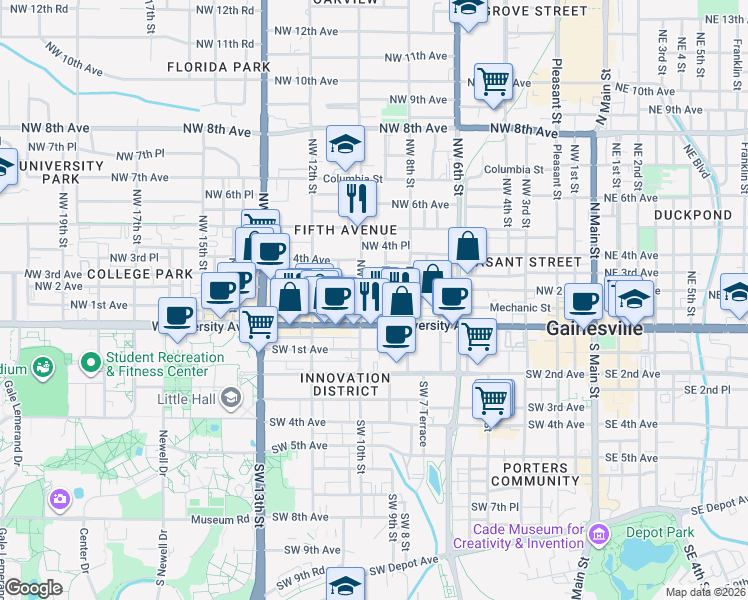 map of restaurants, bars, coffee shops, grocery stores, and more near 201 Northwest 10th Street in Gainesville